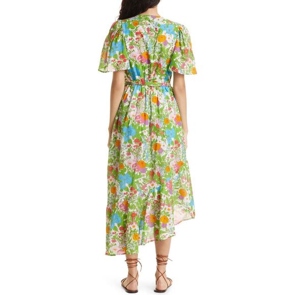 Mille Helena Asymmetric Floral Print Cotton Tie Waist V-Neck Midi Dress Size L - Picture 2 of 7